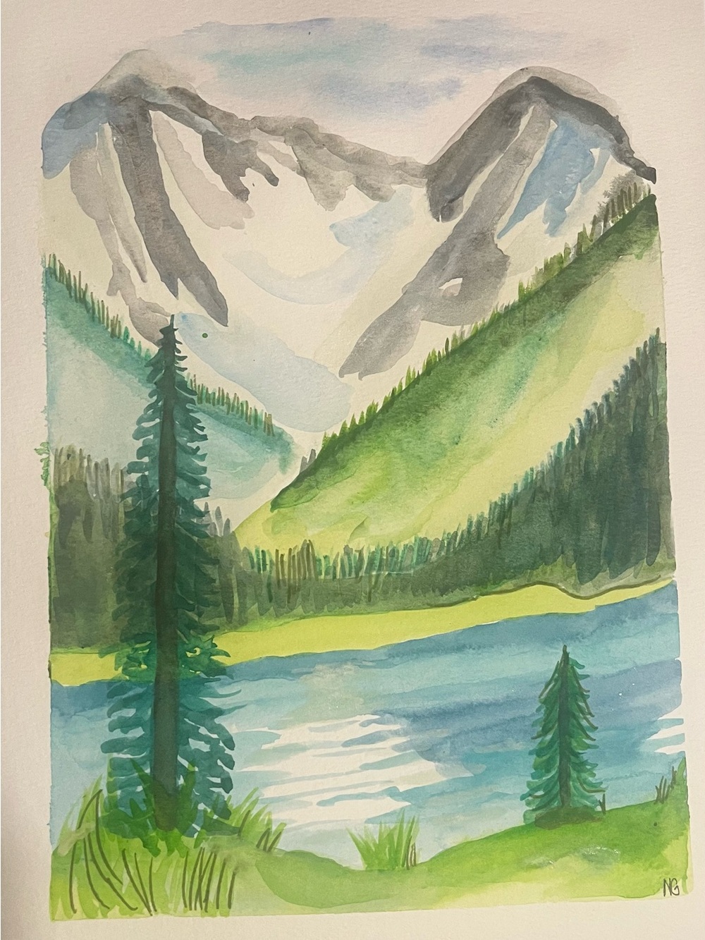 Unbranded Green and Blue Mountain Lake Watercolor Art Print